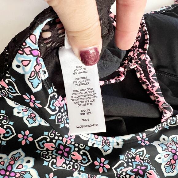 [Hula Honey] Black Gypsy Deco Lace Geometric Print One Piece Swimsuit Sz Small S - Picture 11 of 11